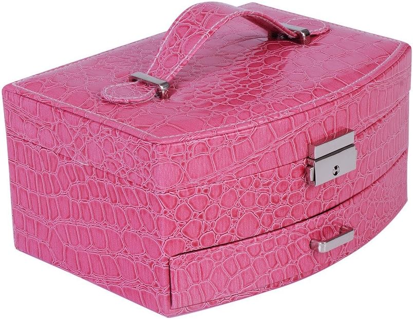WILL GEM Portable Double Layers PU Leather Watch Jewelry Box for Travel and Home Use Rose Red