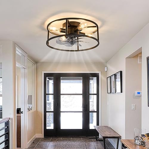 Miniatura 9 de Ventilador de techo enjaulado negro con luces, ventilador de techo de montaje empotrado con control remoto, ventilador industrial de perfil bajo de