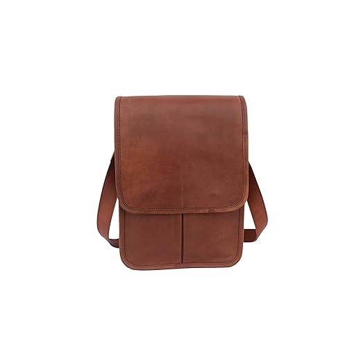 Genuine Vintage Leather Crossbody Messenger Bag, Slim Vertical Messenger Bag Fits 13 Inch MacBook/Laptop, Unisex Shoulder Bag with Adjustable Straps and Brass Accessories, Brown