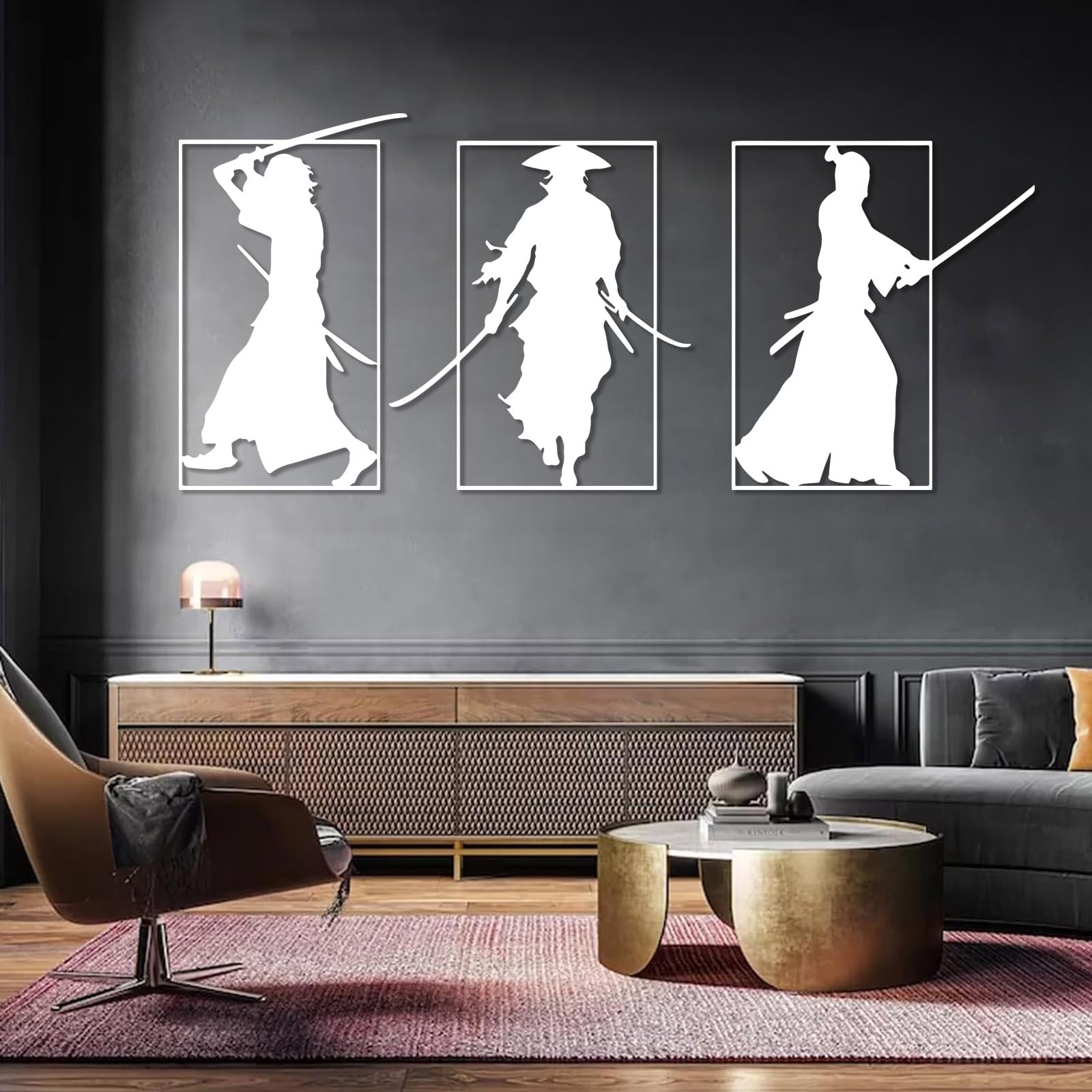 Arte de Pared de samurái Negro de Metal, Arte de Pared de Guerrero japonés Katana de Metal, decoración de Arte de samurái, Escultura Moderna para Sala de Estar, Dormitorio, Pasillo y escaler