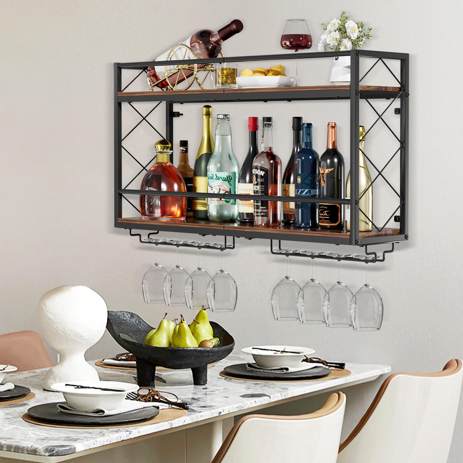 Weinregal, Wandhalterung, 2 Etagen, Wand-Weinregal mit Glashalter, Anti-Drop-Querstange, 80 cm, Metall-Weinhalter für Zuhause, Küche, Esszimmer, Bar, Schwarz
