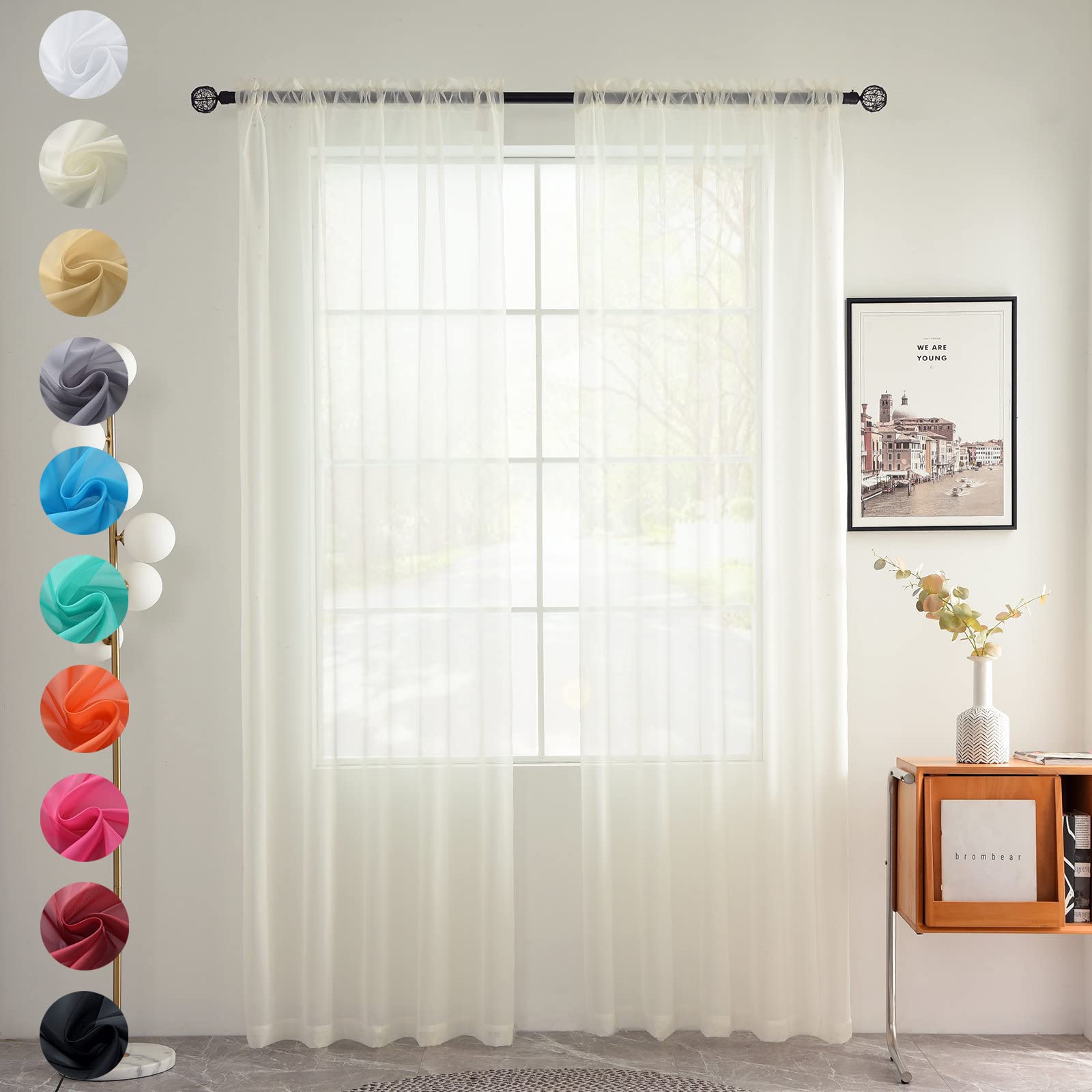 youleyar Solid Sheer Rod Pocket Curtain Voile Draperies 2 Panels White Beige Black Grey Coffee 52 Inch Width 63 Inch Long 1 Pair for Kitchen Bedroom