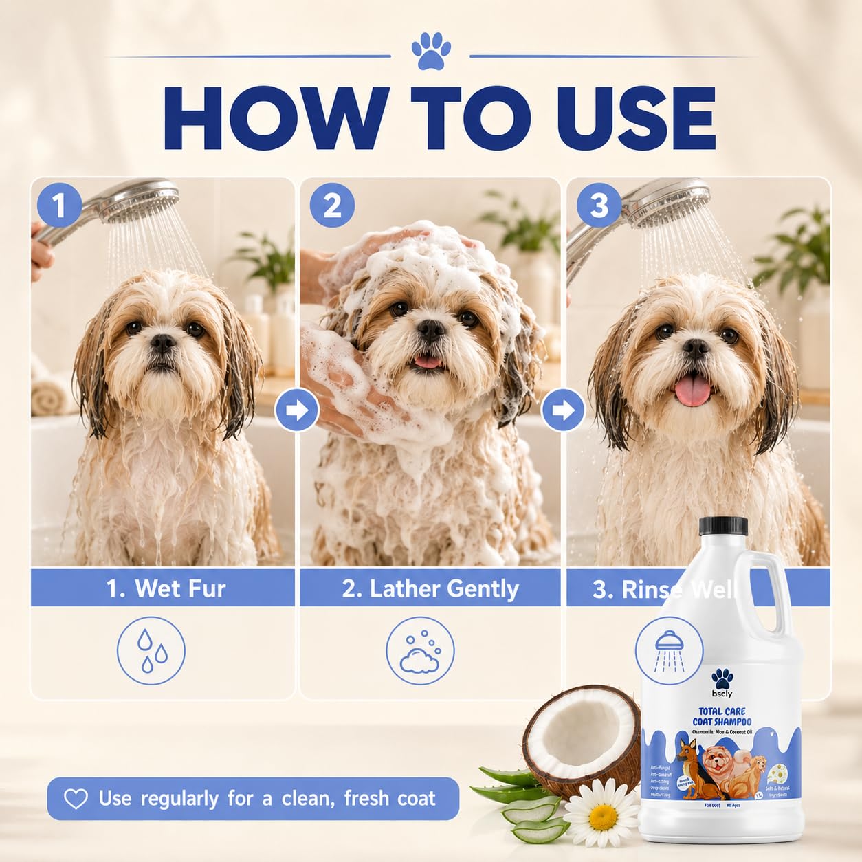 Bscly Total Care Dog Shampoo 1000ml | Anti Tick & Flea Shampoo for Dogs | Anti-Itch, Antifungal & Antibacterial Pet Shampoo | pH Balanced Puppy Safe Shampoo for Soft Shiny Coat 3