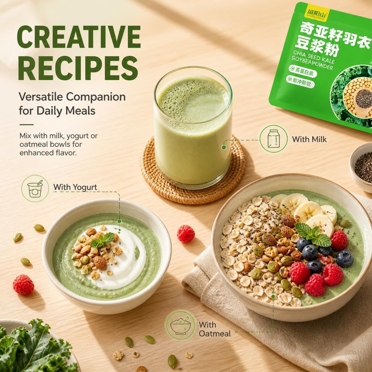 Bevanda Di Soia Con Kale E Chia, Polvere Con Ceci Per Colazione, 245g