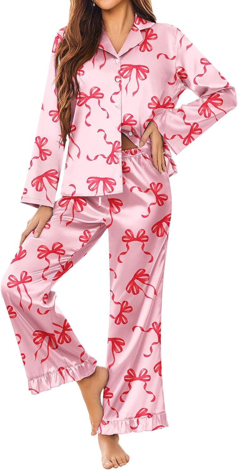 Ekouaer Silk Satin Pajamas Set Womens Long Sleepwear Button Down 2 Piece Classic Soft Loungewear Pjs Set