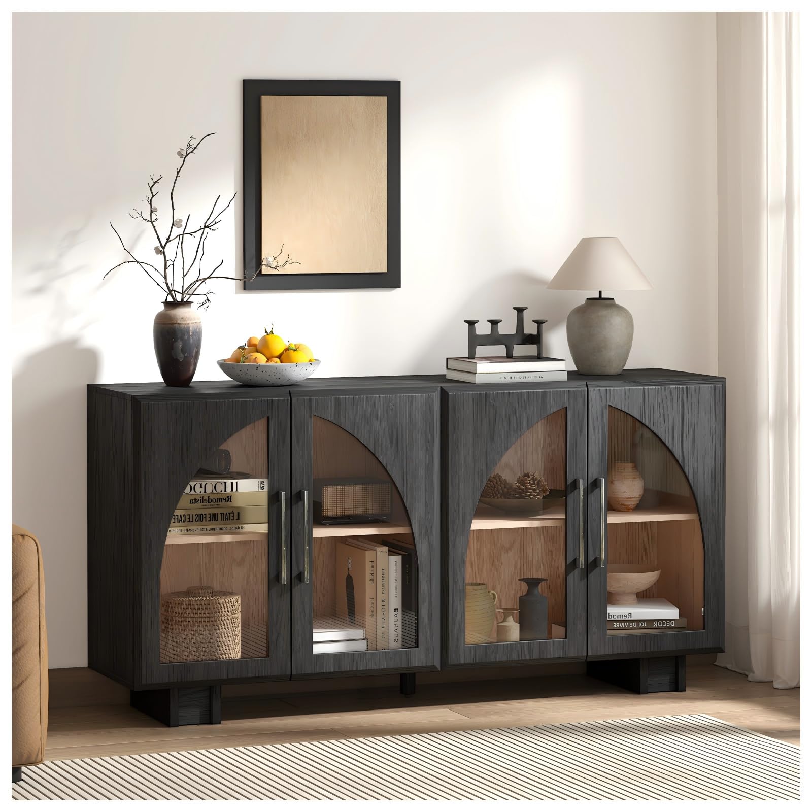 Sideboard Buffet Cabinet with Storage, 63” Modern Accent Cabinet with Glass Doors, Minimalist Media Console with Adjustable Shelves, Arched Credenza for Living Room Entryway Kitchen, Black