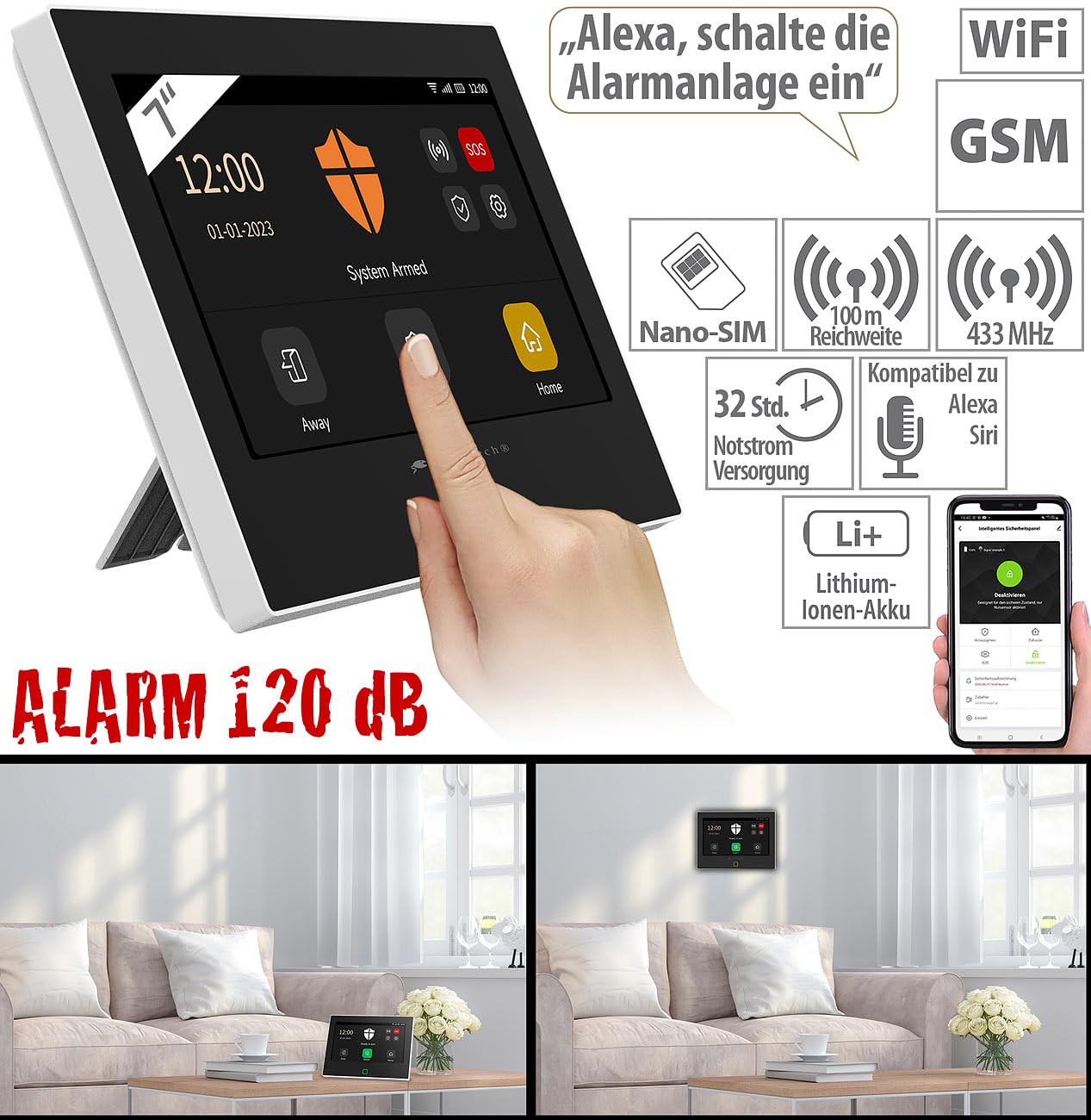 VisorTech Alarmanlage Haus: WLAN-/4G-Alarmanlage, IPS-Touch-Display, App, Sirene, für 200 Sensoren (GSM, nachrüsten, TUYA)