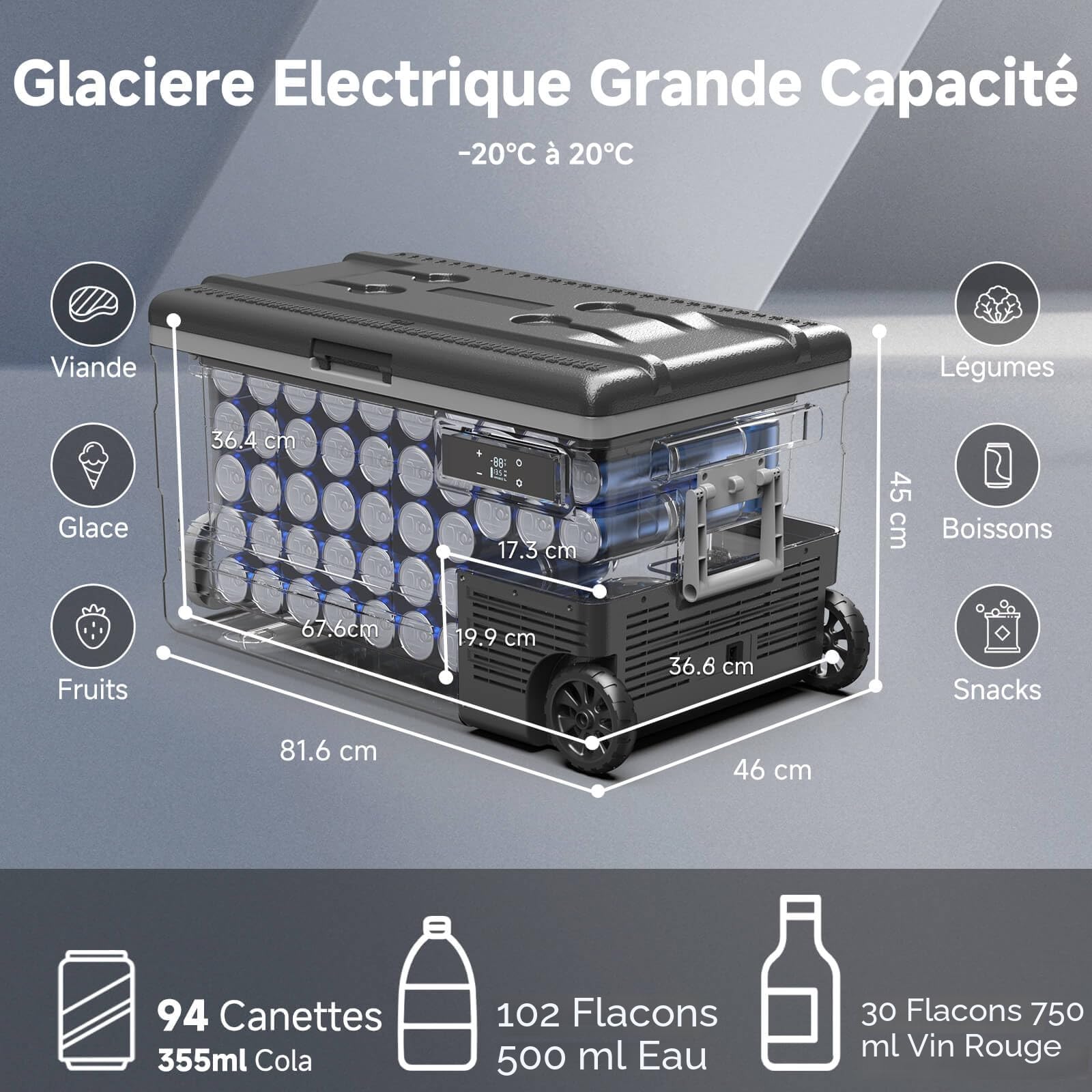AAOBOSI Glacière à Compresseur 74L, Glaciere Électrique -20℃ à 20℃, APP&Bouton Contrôle, 12/24V DC et 100-240V AC Frigo Camion Pour Voiture, Camion, Bateau, Camping-Car Et Prise De Courant