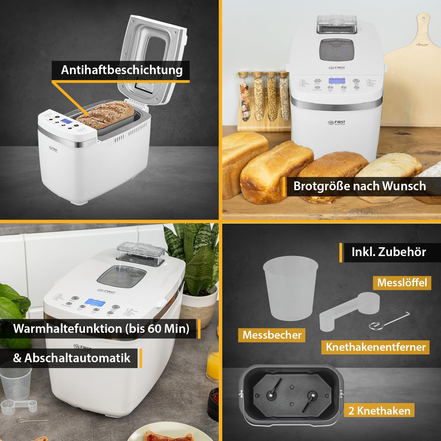 TZS First Austria - Brotbackautomat 850W - Teigmenge 900g und 1350g - 14 Automatikprogramme - Einstellbare Bräunungsgrade, Timer & Warmhaltefunktion - Automatische Abschaltung