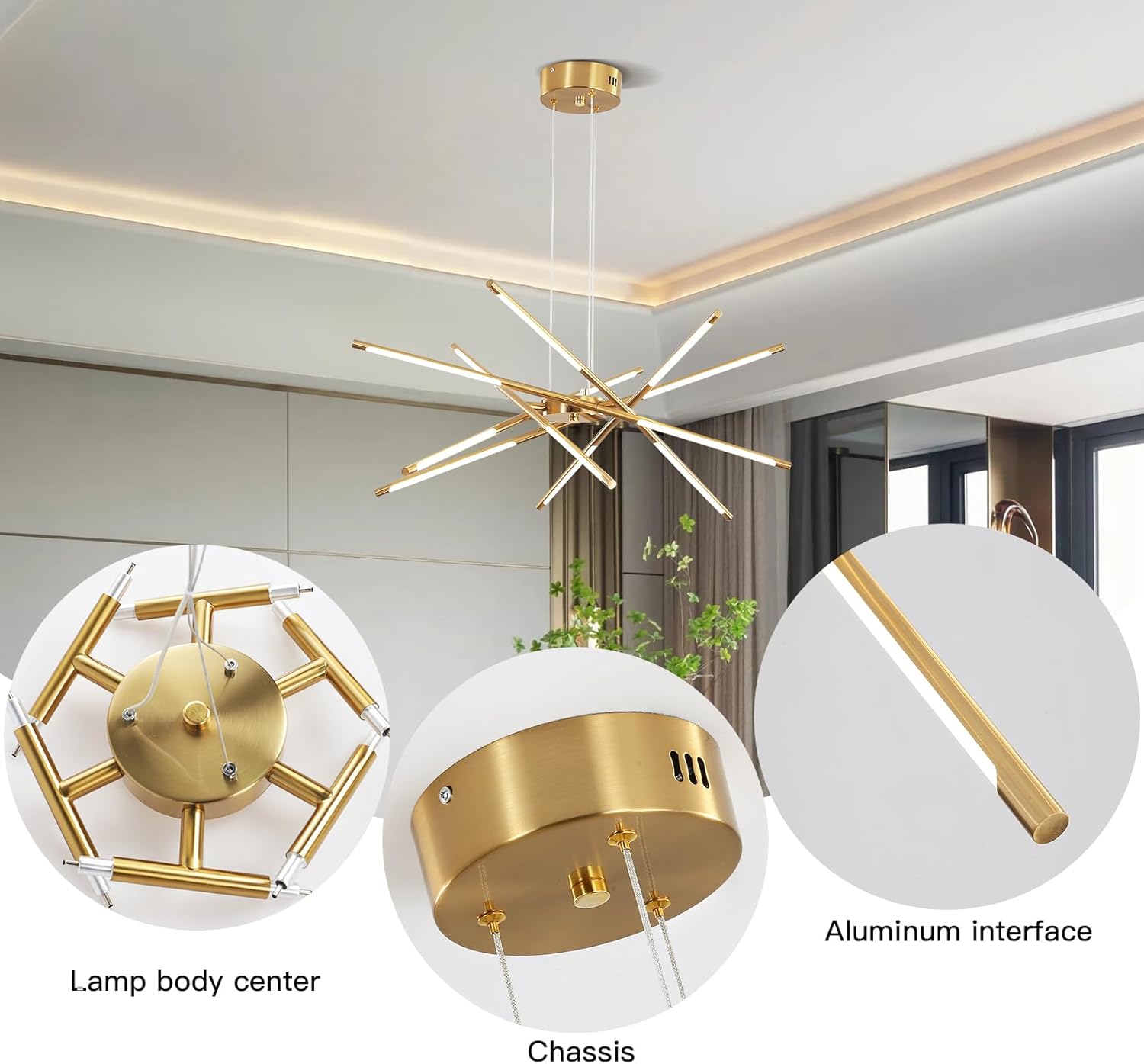 Modern Gold Chandelier,12 Lights Linear Pendant Light Fixtures LED Chandeliers for Dining Room Farmhouse Hanging Light for Bedroom,Living Room,Kitchen Island