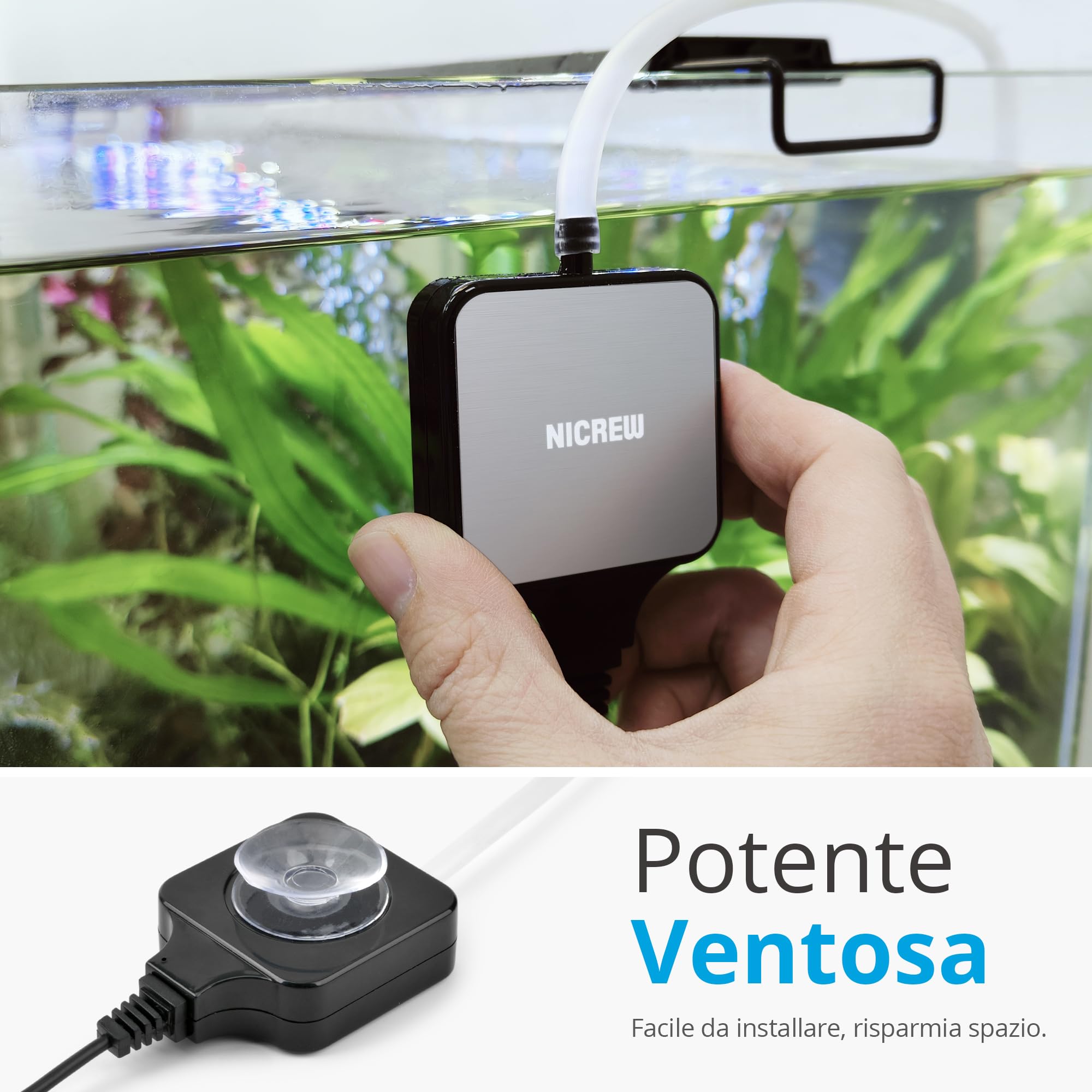 NICREW Ossigenatore per Acquario Ultra-Silenzioso <33 dB, Nano Silent Mini Aeratore fino a 40 L, Accessori per Acquario Nano, 18 L/H, 1,5W