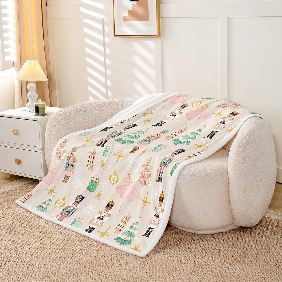 Erosebridal Beige Christmas Throw Blanket,Princess Nutcracker Twin Blanket,Xmas Tree Snow Fleece Blanket for Kids Boys Girls,Starry Sky Christmas Decoration Sherpa Blanket