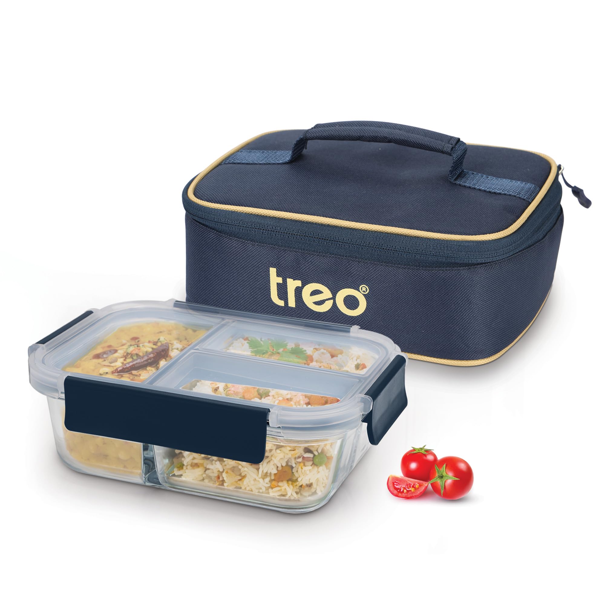 Treo By Milton All Fresh Rectangle 3 Compartment Lunch Box | 1000 ml Borosilicate Glass | Microwave & Oven Safe | Air-Vent Leak-Proof Lid with Jacket Containers | for Office & Travel, Blue-image-30