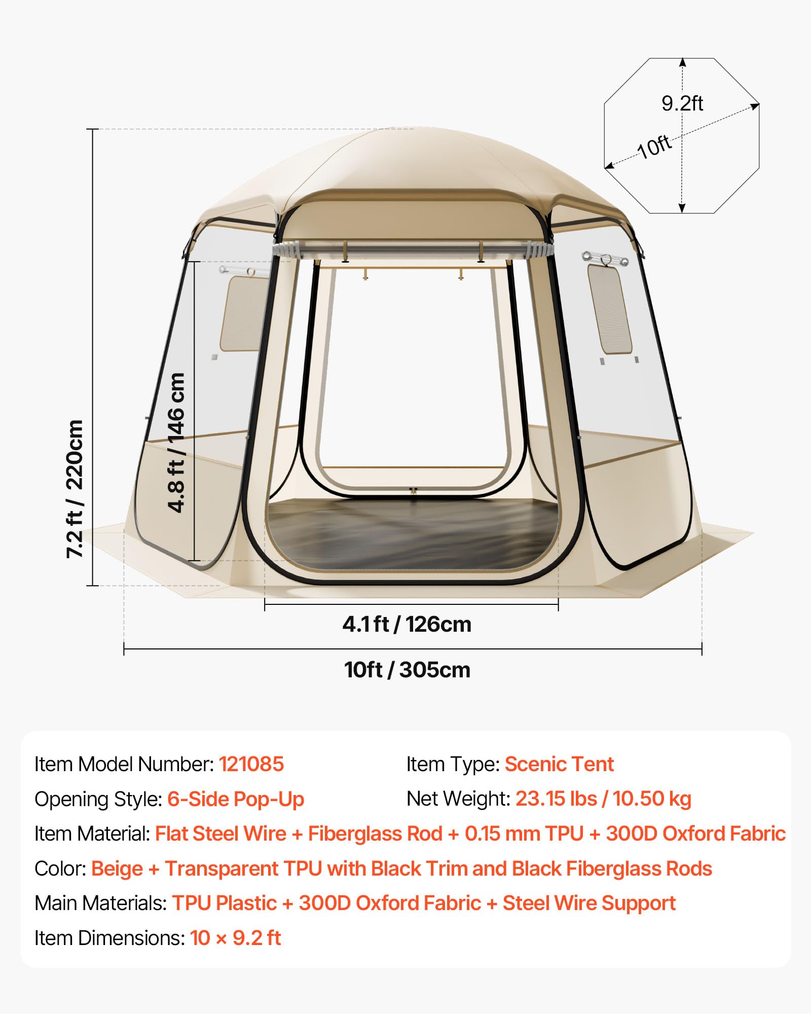 VEVOR Tenda a Cupola Pop-Up, 305 x 275 x 220 cm, Impermeabile e Resistente ai Raggi UV, Tenda da Campeggio Trasparente, con Finestre, Vista Panoramica a 540°, per 4-8 Persone, Patio, Cortile