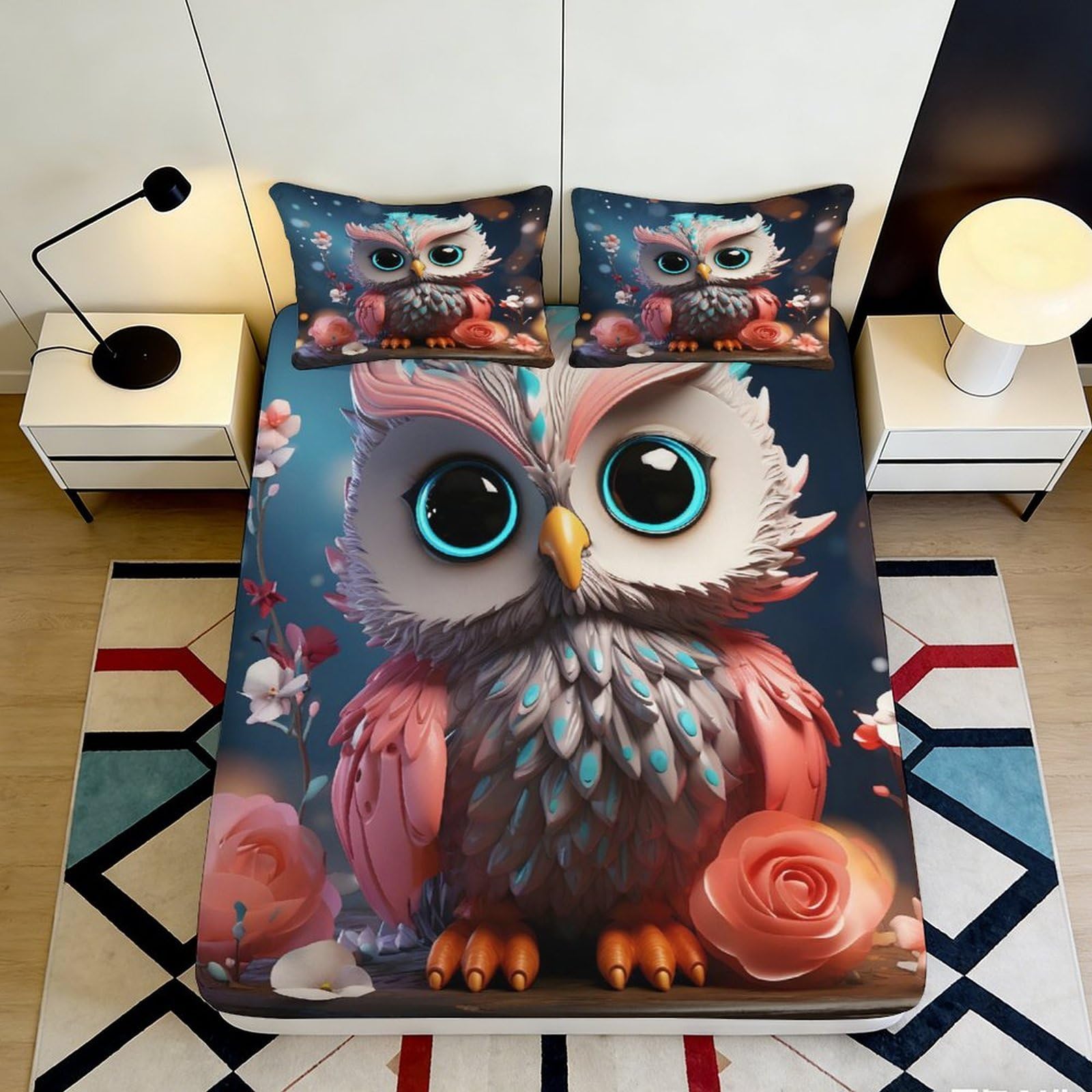 3D Printed Cute Owl Fitted Sheet Microfiber Soft Touch Forest Flowers Bed Sheet for Bedroom Guest Room Decor 90x200x25cm