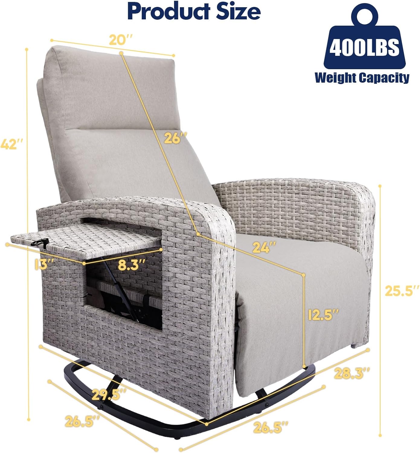 ZZW Outdoor Recliner Chair, Wicker Patio Recliners with Adjustable Backrest and Extended Foot Rest, Reclining Patio Chairs with Flip Table & Removable Cushion Cover for Porch