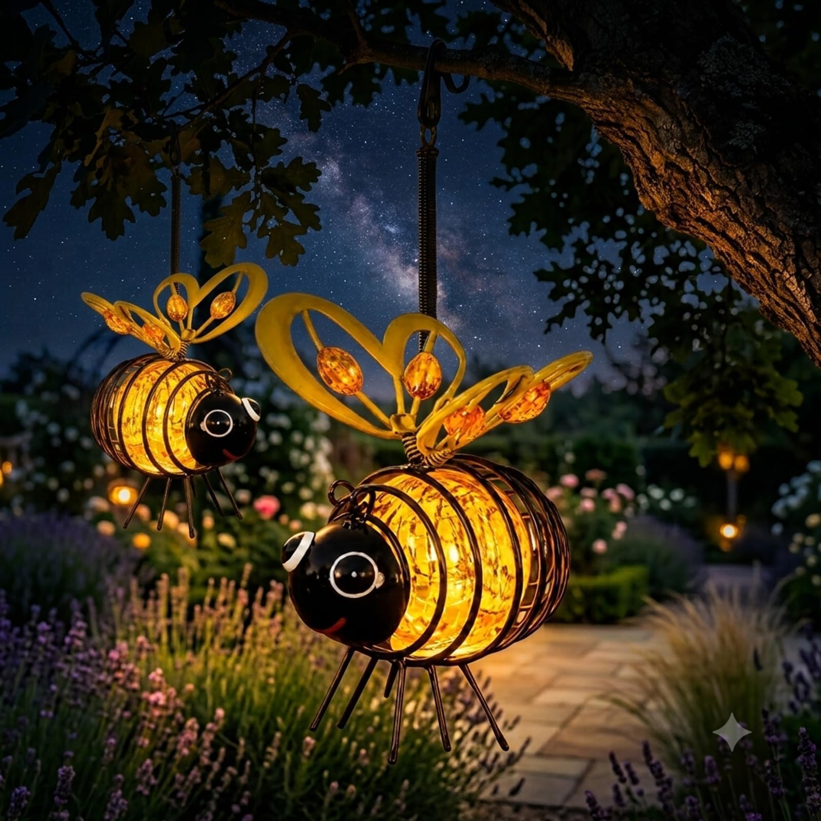 Bee Solar Lights, Solar Bee Lights Outdoor Garden, Solar Glow Bee Lantern, Hanging Metal Bees Lanterns Painted Iron Art Crafts, Waterproof Solar-Powered Bee Light for Garden Yard Porch Decoration