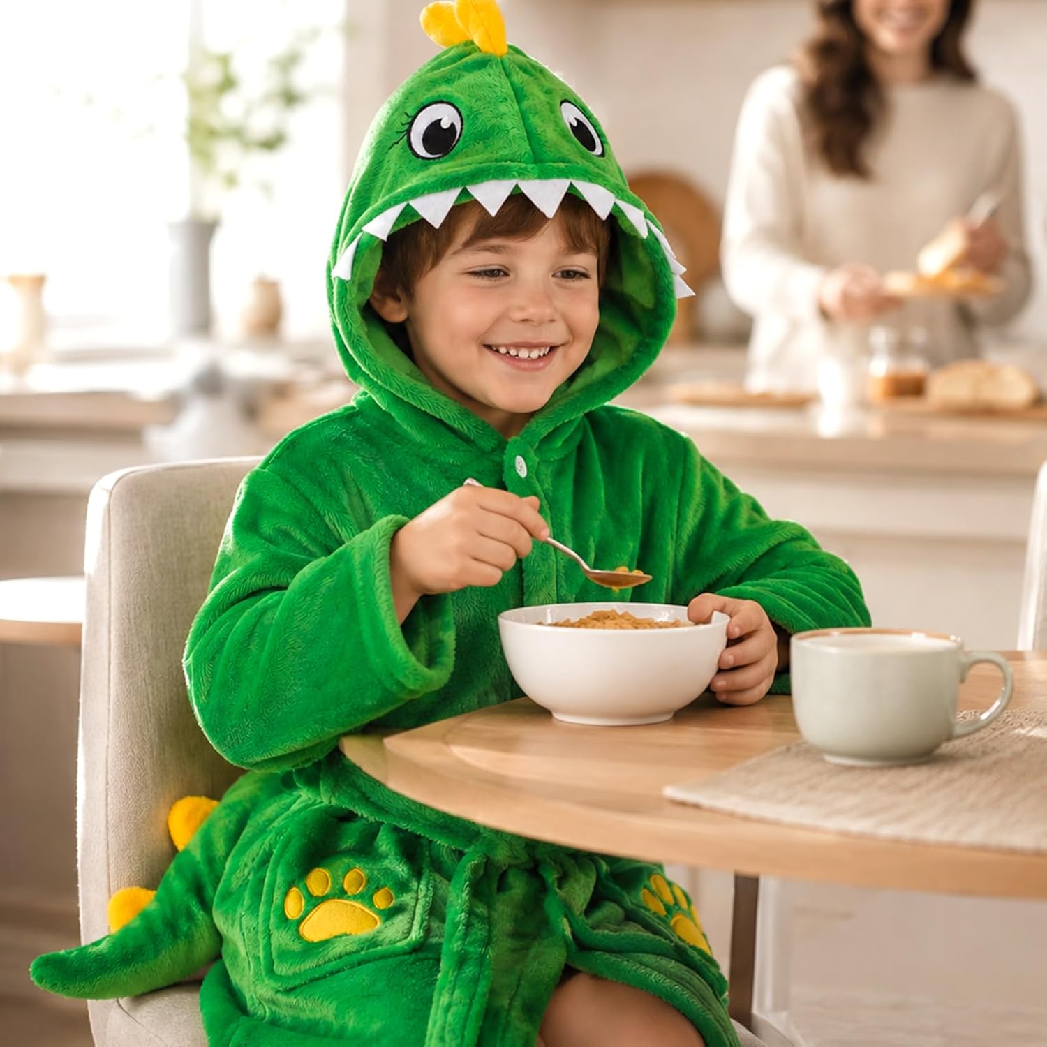 ACTLATI Toddler Dinosaur Lamb Hooded Bathrobe – Soft Flannel Robe with Tail, Belt & Pockets, Cozy Robe for Kids Ages 3-7