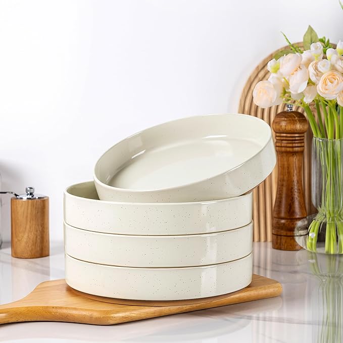 AmorArc 9.0" Large Ceramic Pasta Bowls, 32oz Handmade Speckled Stoneware Pasta Bowls Set of 4, Microwave & Dishwasher Safe Bowls With Terracotta Underside for Fruit Pasta Salad-Beige