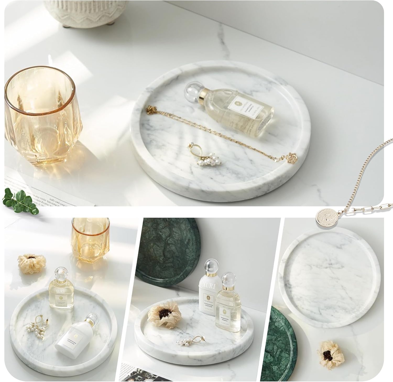 Natural Marble Tray, Round White Tray for Bedroom/Bathroom/Kitchen/Vanity Countertop, Jewelry Tray for Rings Earrings Necklace Bracelet Watch, Room Decor Aesthetic