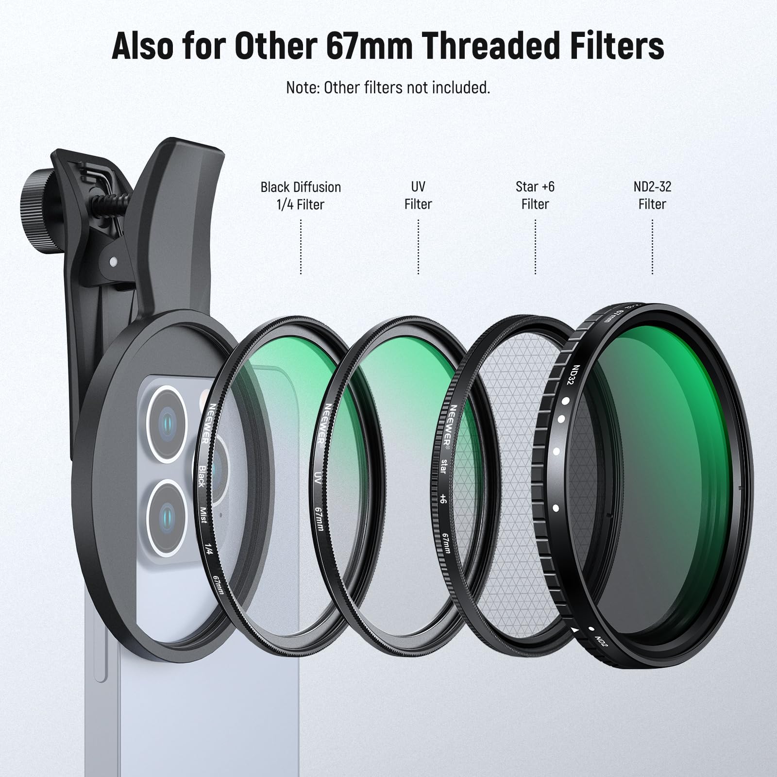 NEEWER 67mm Filtro CPL con Clip Compatibile con iPhone, Filtro Polarizzatore Circolare per Obiettivo Telefono, Accessori Fotografia Compatibile con iPhone 17 16 15 Pro Max Plus 16e 14 13 mini, FL-B23