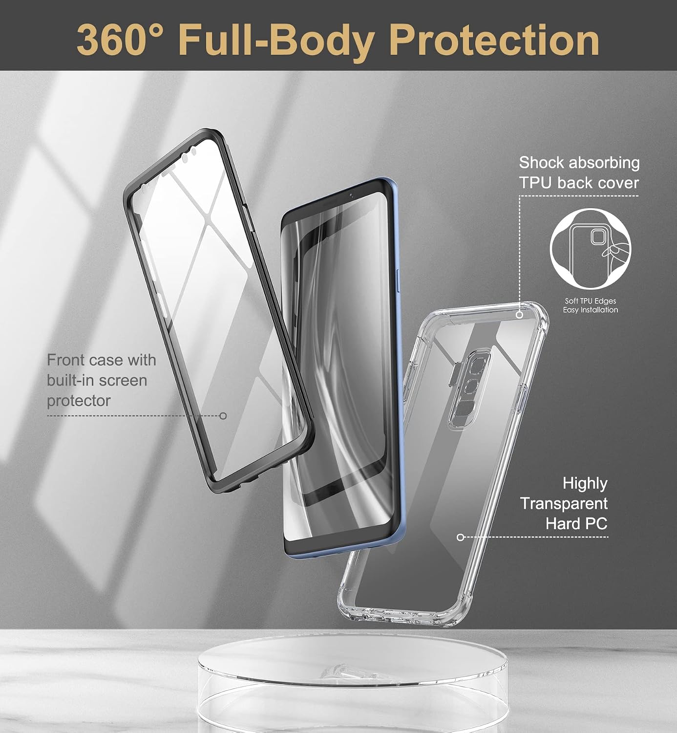 SURITCH Clear Case for Galaxy S9 Plus,[Built in Screen Protector][Camera Lens Protection] Full Body Protective Shockproof Bumper Rugged Cover for Samsung Galaxy S9+ 6.2" (Black)