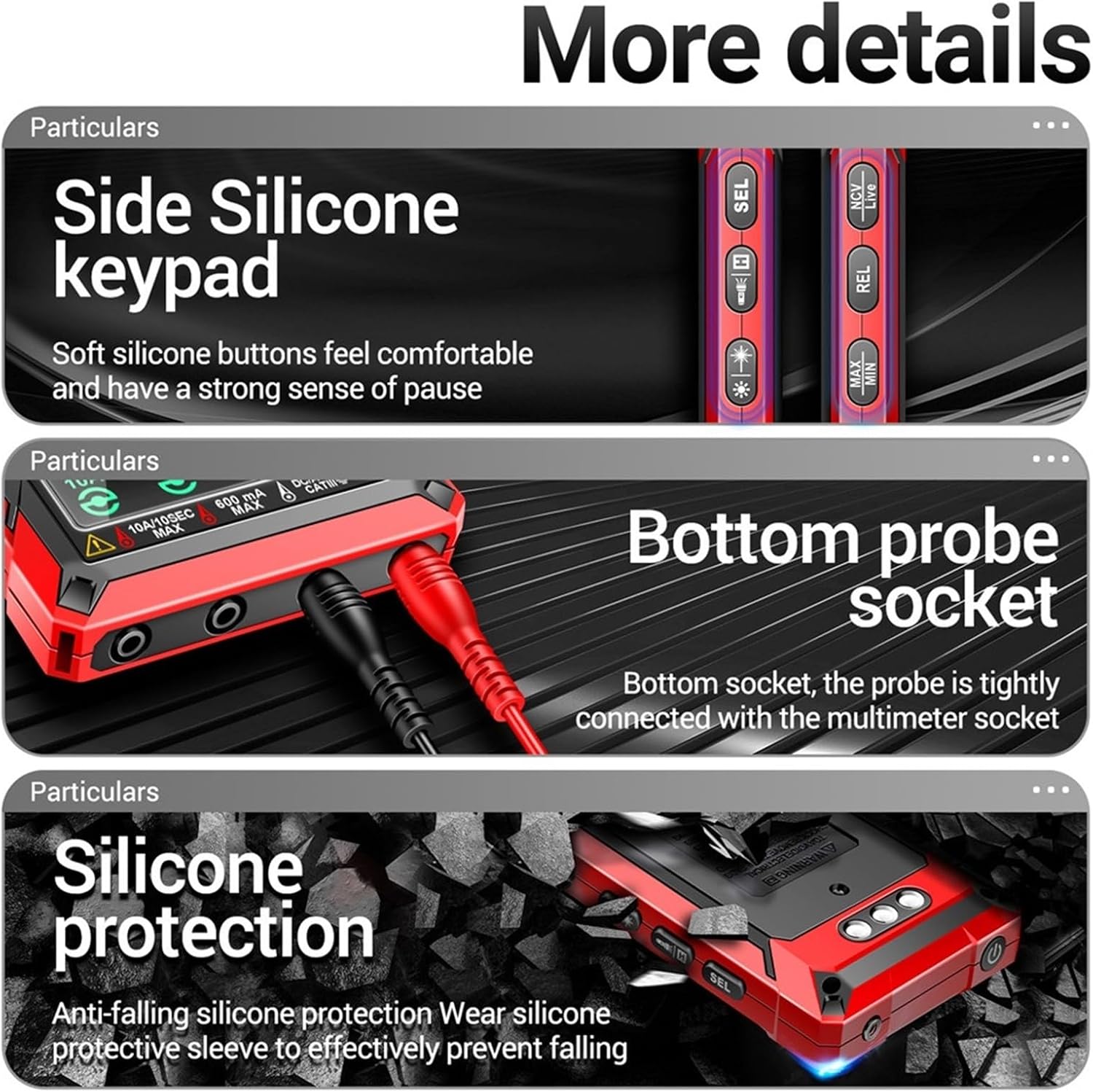 Detailed view of JDOUNFMO 622B Multimeter showing side silicone keypad, bottom probe sockets, and silicone protection