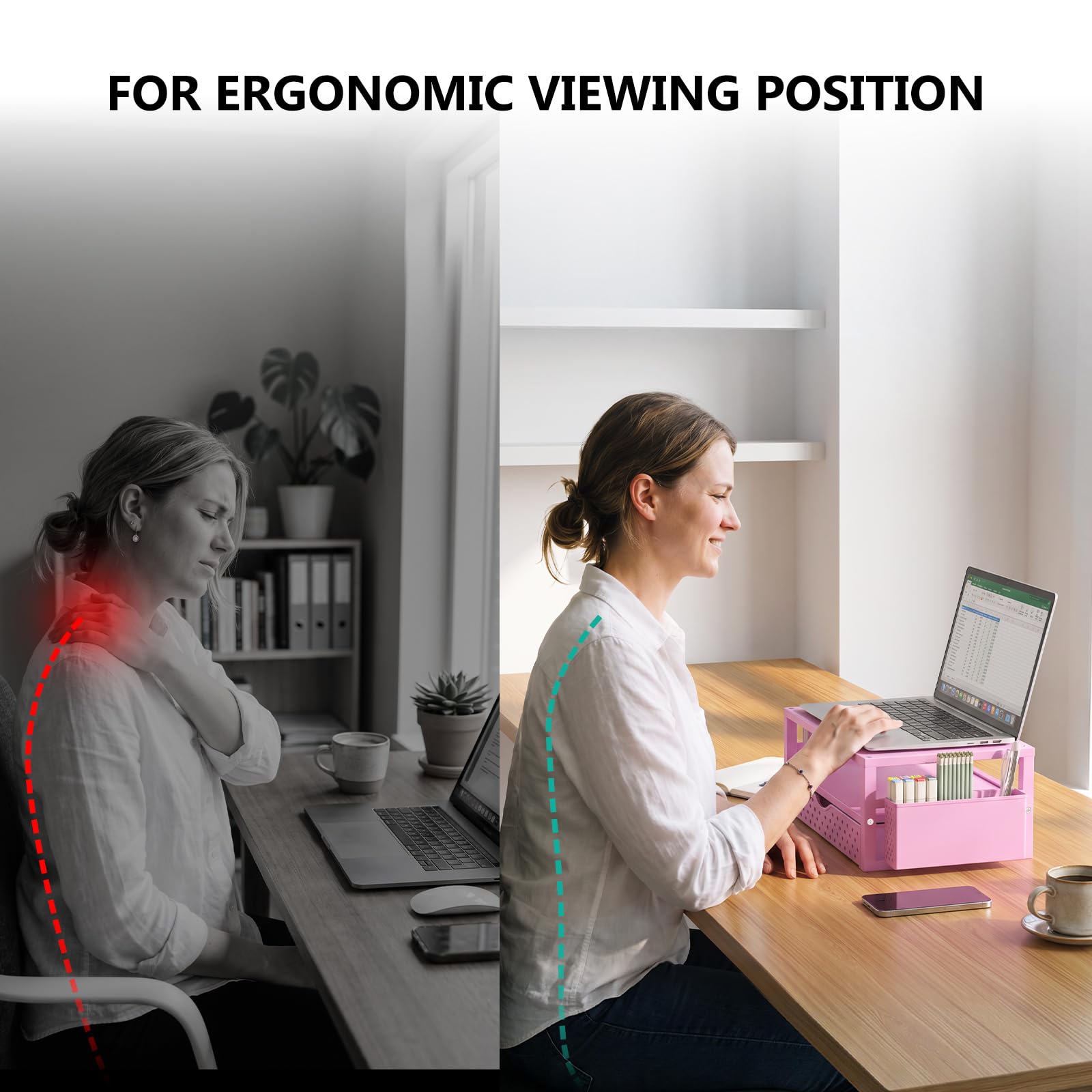 WALI Desk Organizer with Drawer and Pen Holder, 3 Tier Computer Monitor Stand for Home Office Supplies, Laptop Stand Riser for Computer, Laptop, Printer(PTT004-P), 1 Pack, Pink view 5
