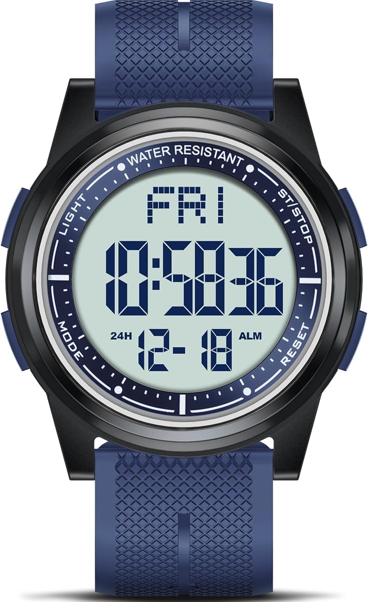 Digital Watch for Men Women, 50M Waterproof, Ultra-Thin & Lightweight, 44mm Silicone Sports Watch with Alarm, Stopwatch, Countdown, Ideal for Gym, Running, School, Daily Wear