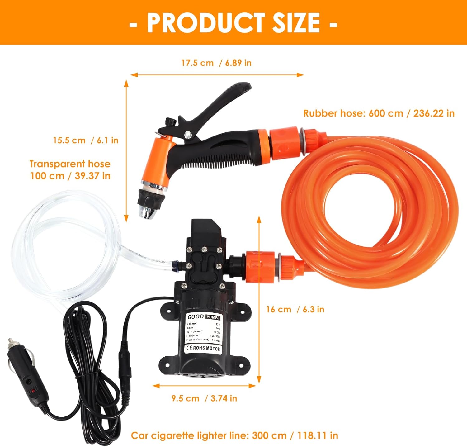 Portable 120W High-Pressure Car Wash Kit: High-Pressure Cleaner Water Pump 12V 80W, 6m Rubber Hose, 1m Transparent Hose, 3m Long Cigarette Lighter Cable