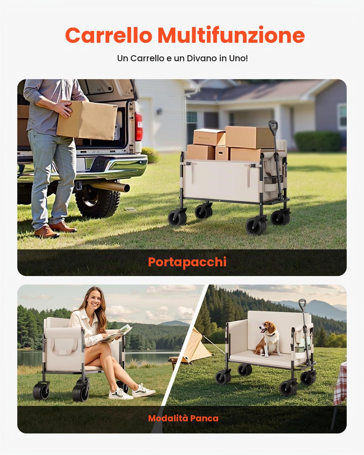 VEVOR Carrello Pieghevole 970 x 580 x 670 mm Carrello Portaoggetti per Giardino Che Si Trasforma in Panca, Capacità di Peso 249,48 kg con Maniglia Regolabile per Spesa, Campeggio, Giardinaggio