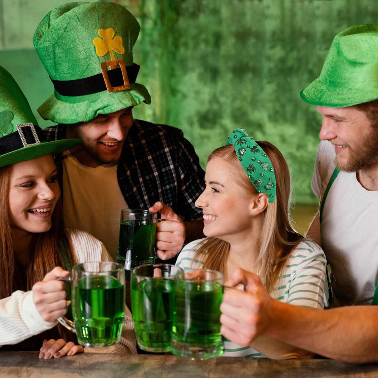 NVENF St.Patrick's Day Headband for Women Green Shamrock Knotted Headbands Rhinestone Crystal Lucky Leaf Embellished Wide Top Knot Headbands St.Patrick's Day Accessories Outfits Gifts (Leaf M) - Image 2