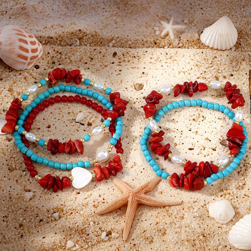 Red Jasper Turquoise Beads Stackable Elastic Bracelet for Women,5PCS/set Pearl White Heart Stack Bracelets Charm Accessories Fashion Jewelry Gifts - Image 5