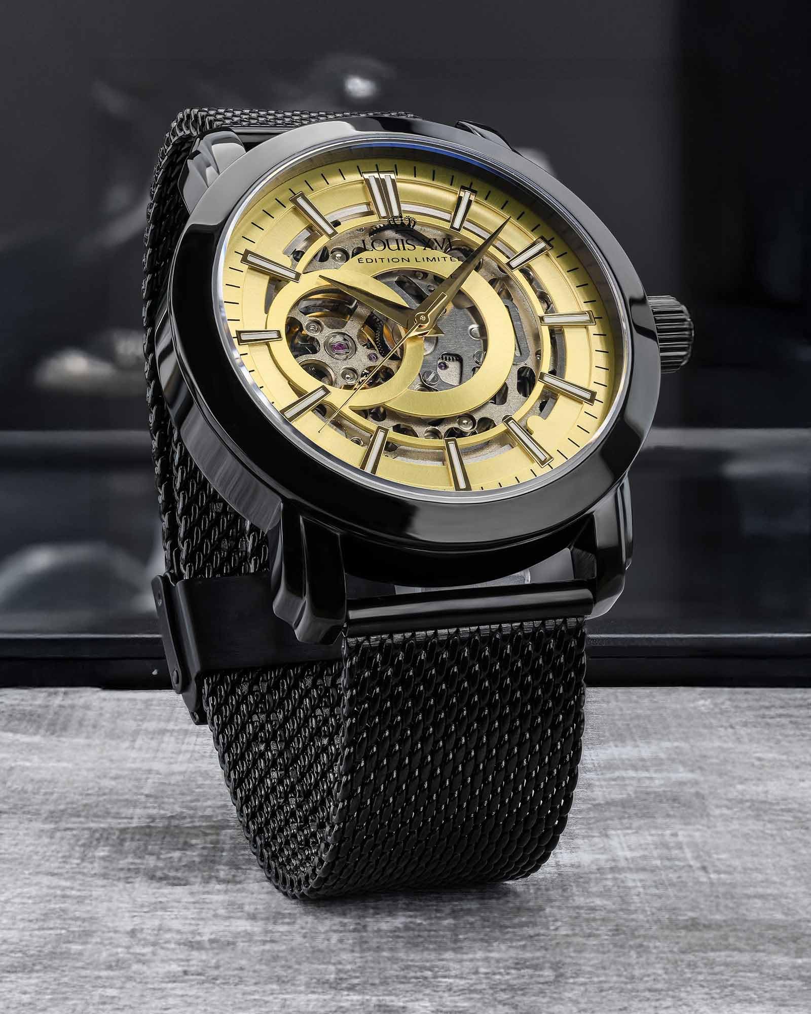 LOUIS XVI Versailles 2.0 Automatik 1932 - Ø 43.5 mm - Herren Uhr - Wasserdicht - Skelettuhr - Armband Schwarz - Zifferblatt Gold – Automatikuhr