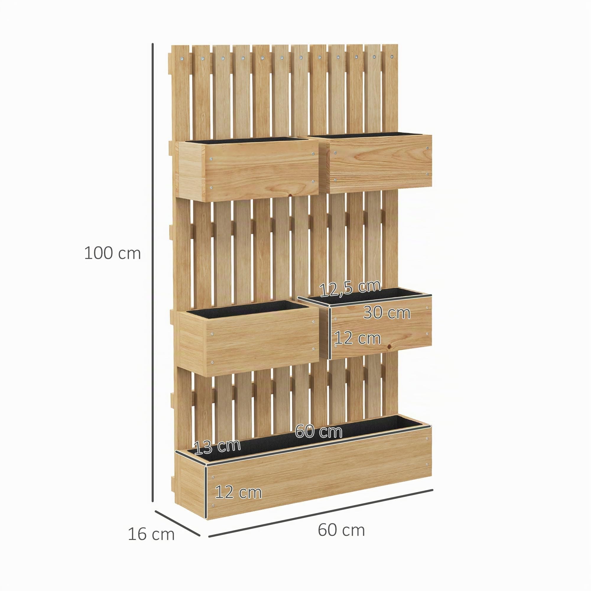 Outsunny Jardinera de Pared con Enrejado Exterior 60x16x100 cm Natural | Jardinera Exterior Grande de Madera, 5 Macetas Móviles, Tela no Tejida, Orificios de Drenaje, Jardín, Terraza, Patio