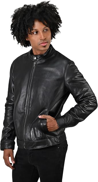 Frye MENS CLASSIC RACER JACKET, GENUINE LEATHER, MAO COLLAR, SLEEK FINISH SHINY BLACK