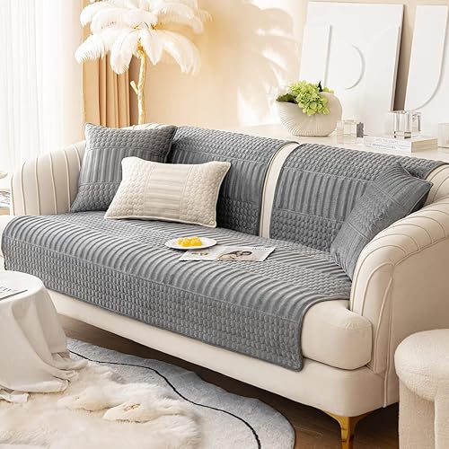 Miniatura 3 de vctops Funda de sofá de felpa de terciopelo de lujo antideslizante con patrón geométrico acolchado para sofá modular, color liso, suave y cálida,