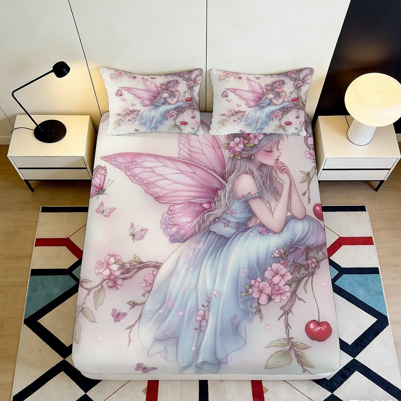 3D Printed Fairy Blossom Fitted Sheet Microfiber Pink Blue Fantasy Butterfly Mattress Cover Bedroom Decor 90x200x25cm