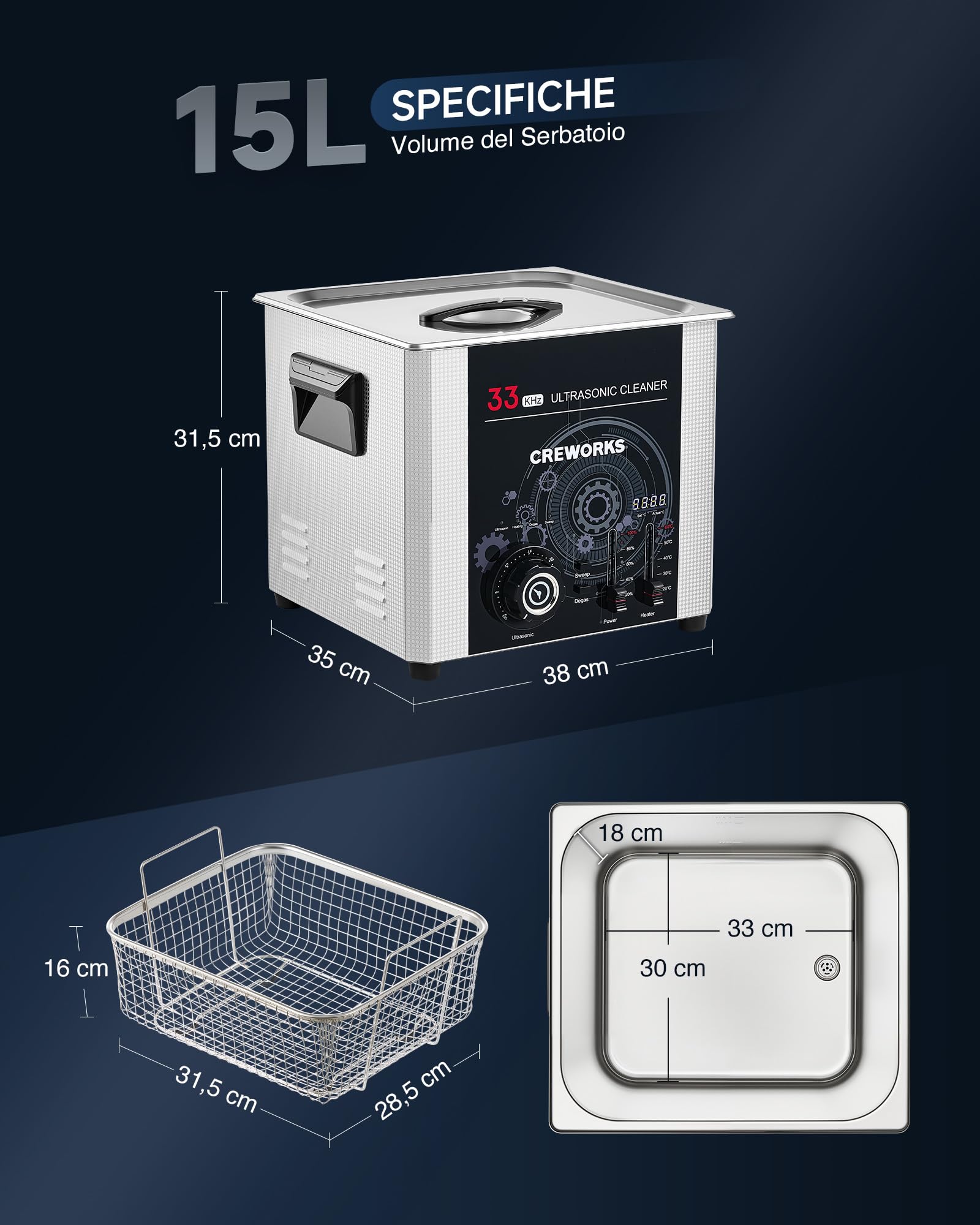 CREWORKS 15L Pulitore a Ultrasuoni Professionale 33kHz 360W Vasca Ultrasuoni Industriale con 450W Riscaldamento Tecnologia Sweep Timer e Temperatura Regolabili per Officina Laboratorio e Carburatori