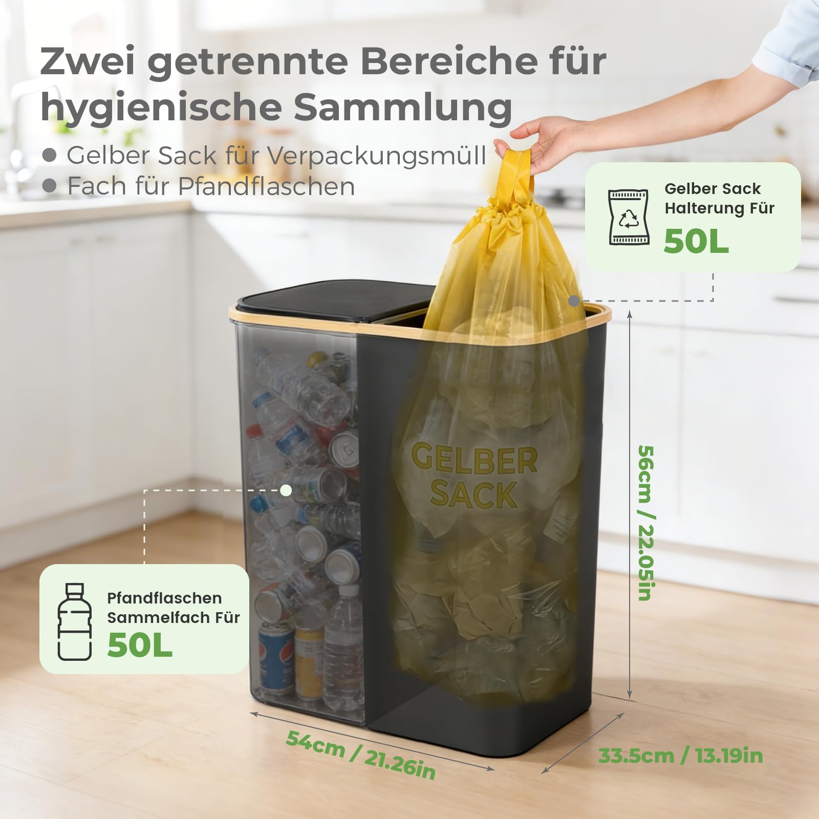 Gelber Sack Ständer 100L mit Deckel & Tragetasche, Müllsystem für Küche Haushalt - Schwarz