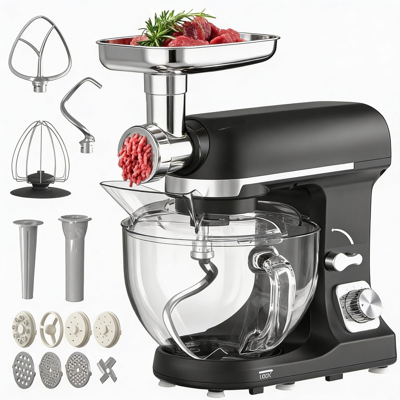 MoraRise Stand Mixer with Meat Grinder, 1400W Electric Kitchen Mixer for Baking, 5.5L Glass Bowl Food Mixer, Dough Mixer with 6 Speeds & Pulse, Includes Dough Hook, Whisk, Beater & Sausage Maker