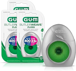 GUM ButlerWeave Shred-Resistant Woven Dental Floss, Mint Waxed, Pack of 3 - Easy Glide for Tight Teeth & Plaque Removal