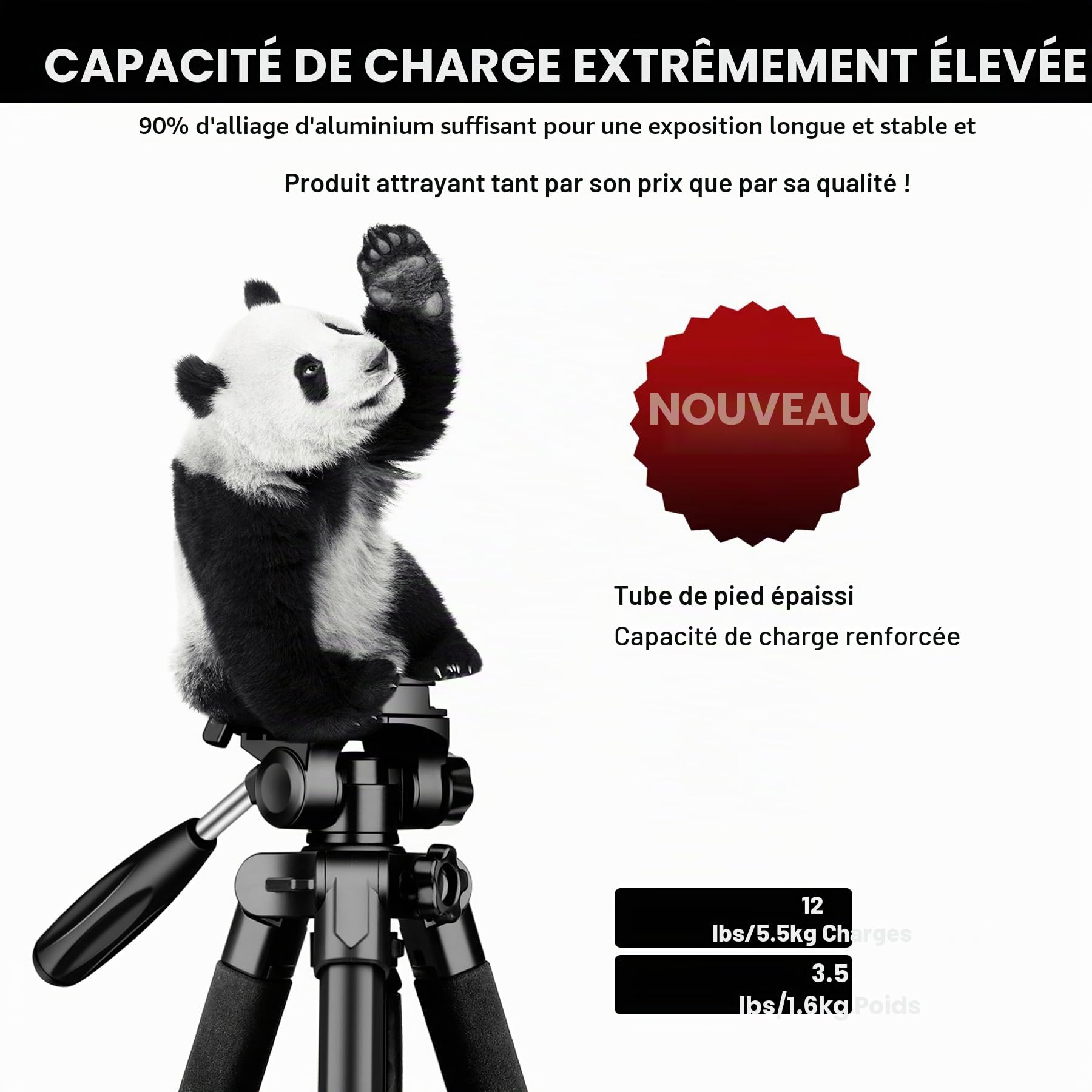 Victiv Trépied en aluminium T72 pour appareil photo - Hauteur maximale : 182 cm - Léger et compact - Avec tête pivotante à 3 voies et 2 plaques de dégagement rapide pour prise de vue vidéo DSLR - Noir