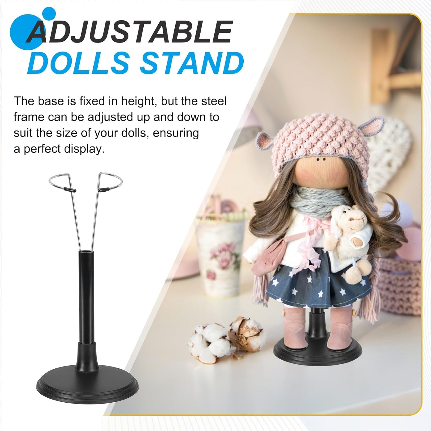 Adjustable Doll Stand, Fits 6 Inch Plush Doll Plastic Display Holder Support Retractable Waist Action Figure Stand Display Base Waist 1"(Black, 2pcs)