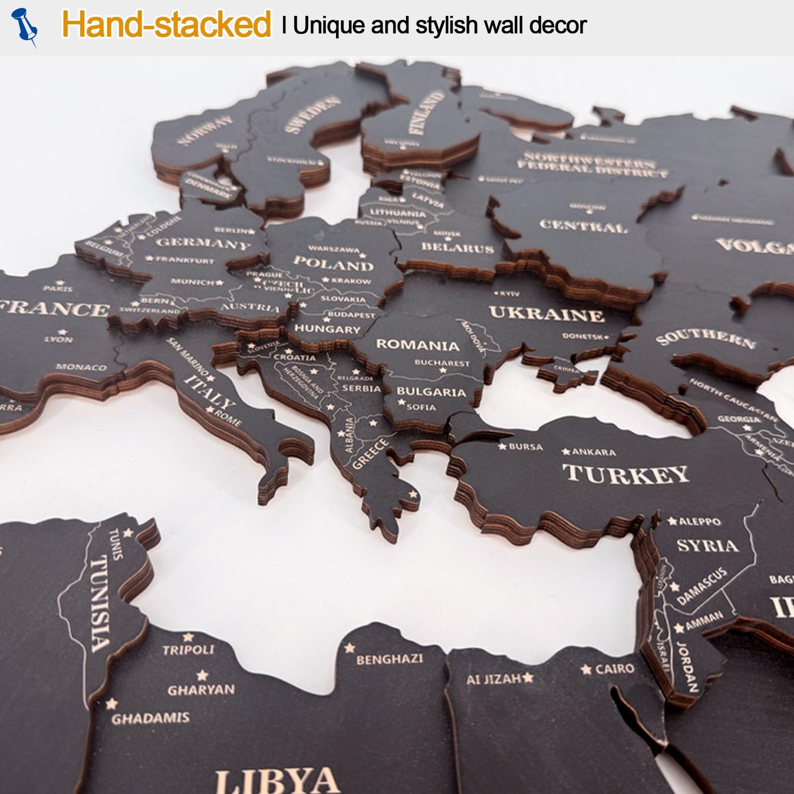 Mapa Mundi de Madera 3D Decoración de Pared, Gran Planisferio de Madera Negro para Fondo de Sofá, Arte de Pared en Relieve y Decoración Creativa para Salón y Oficina(250x142cm/98.4x55.9in)