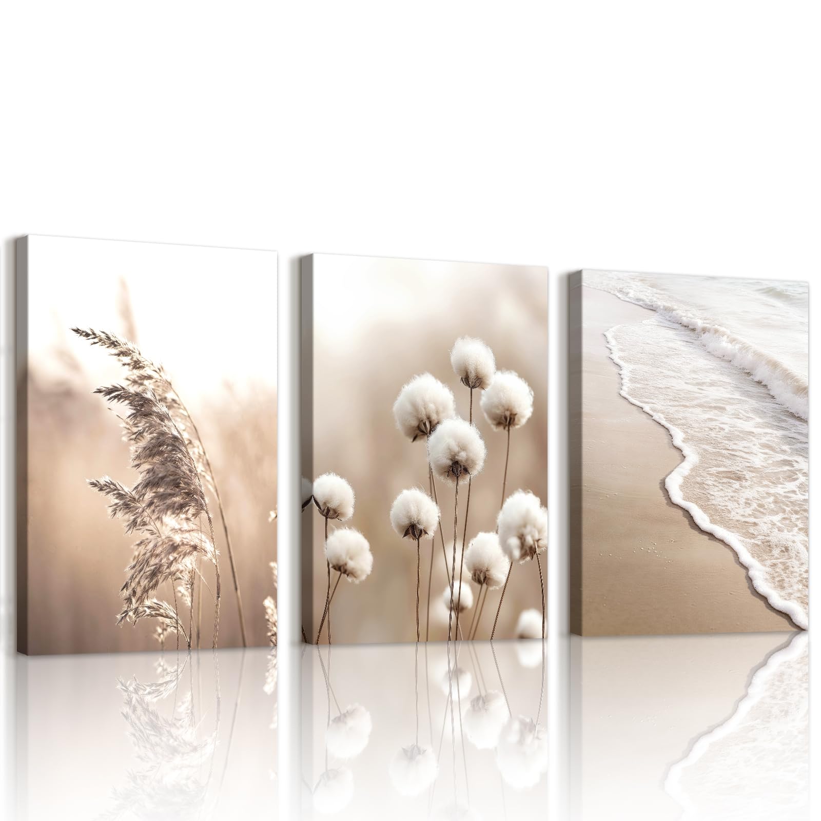 WENGTIAO Set of 3 Nature Sea Beach Canvas Wall Art Framed Pictures, Reed Sea Waves Botanical Painting on Canvas, Modern Wall Decoration for Living Room Bedroom Home Decor 30x40cmx3