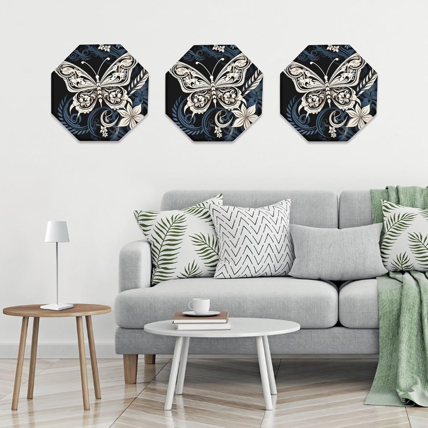 Ctagon Metal Sign for Home, Modern Display Plate for Kitchen, White Butterflies And Tribal Plates Accent Hanging Wall Decorations 3PCS for Living Room, Bedroom, Hallway, Hotel