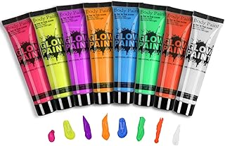 GARYOB Glow UV Blacklight Face Body Paint, Glow in Dark Neon Fluorescent Halloween Washable Body Paint for Kids Adult 0.85oz Set of 8 Tubes