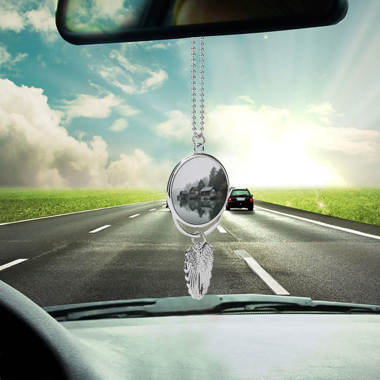Metal Car Pendant Charms Hut by The River Car Rear View Mirror Charms Angel Wing Auto Rearview Mirror Hanging Interior Ornament Pendant Car Accessories for Women Men Car Interior Decor