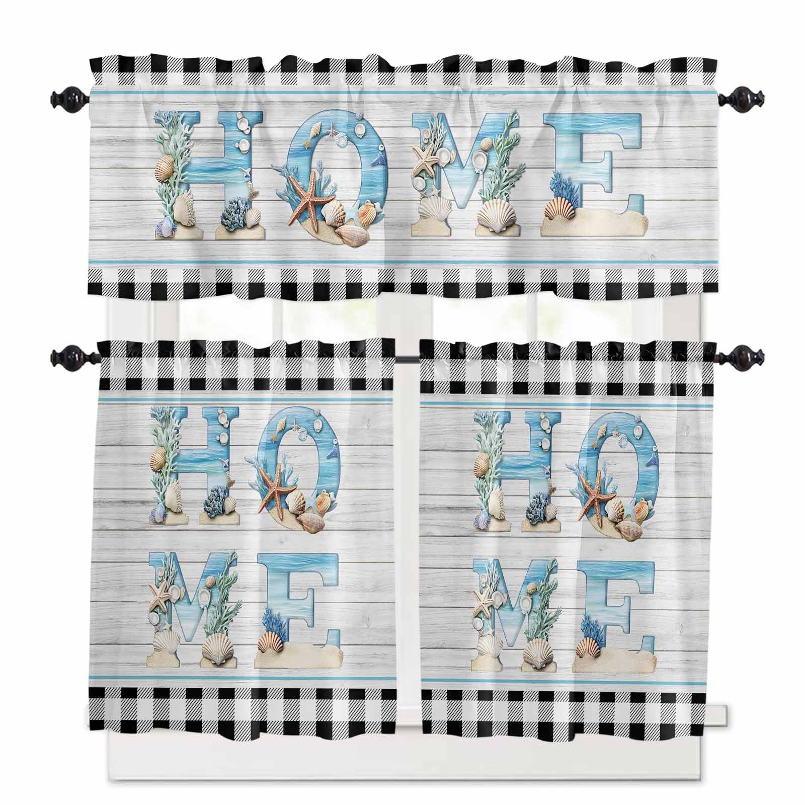 Coastal Beach Kitchen Curtains 24 Inch Length, 3 Piece Rod Pocket Small Half Tiers and Valance Set, Sumemr Wood Grain Black White Plaid Small Large Window Treatment Decor for Bedroom/Bathroom Sink